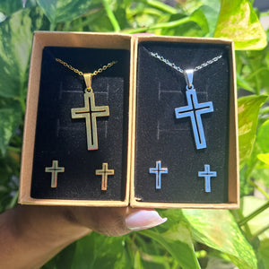 Cross Hollow Necklace & Earrings Stainless Steel Set