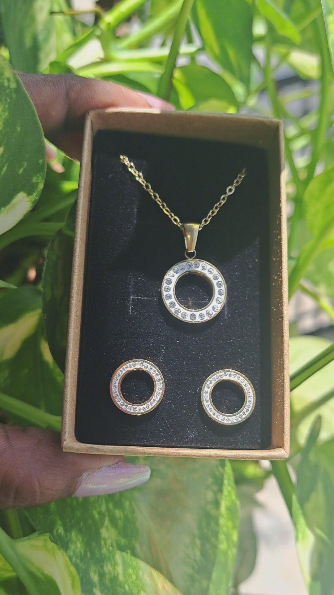 Circle Hollow Rhinestones Necklace & Earrings Stainless Steel Set