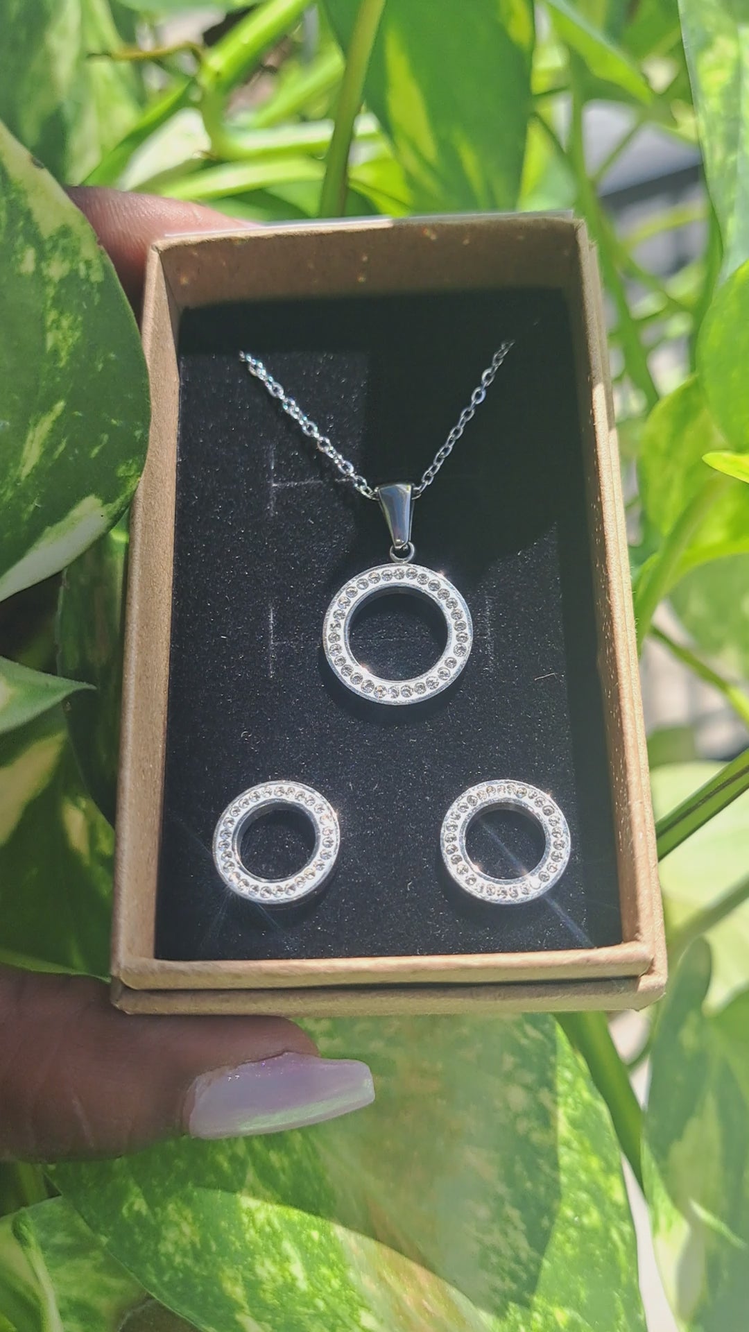 Circle Hollow Rhinestones Necklace & Earrings Stainless Steel Set