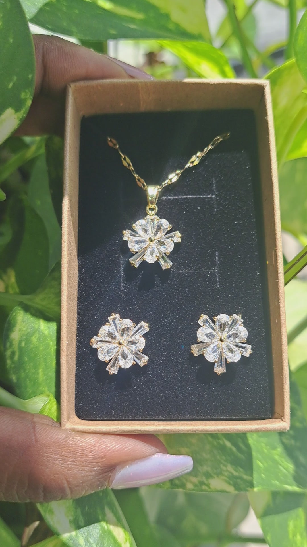 Flower Big Rhinestones 2 Layer Necklace & Earrings Stainless Steel Set