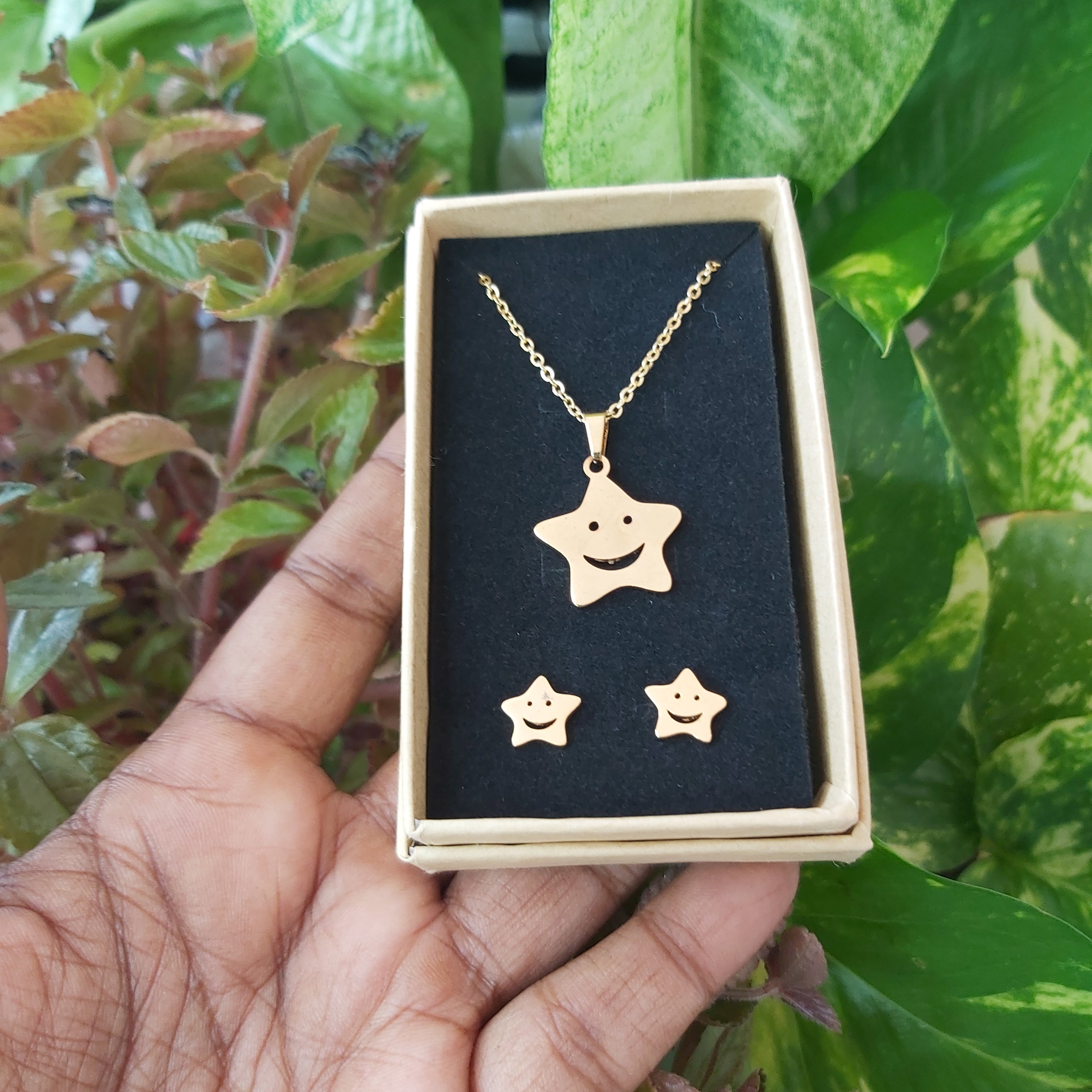Star Smiley Face Necklace & Earrings Stainless Steel Set